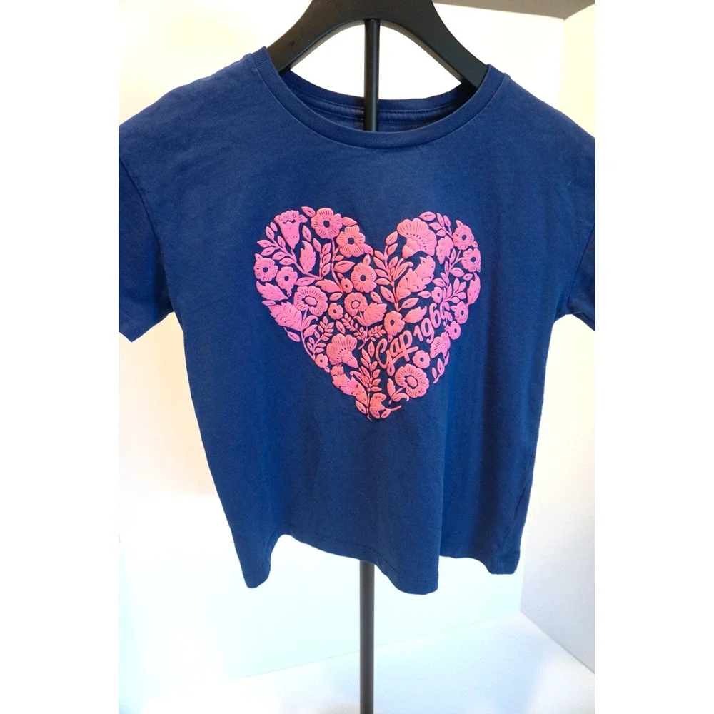 Gap Kids Girls Navy Blue Floral Heart Graphic T-Shirt Pink Puff Print L 10/12
